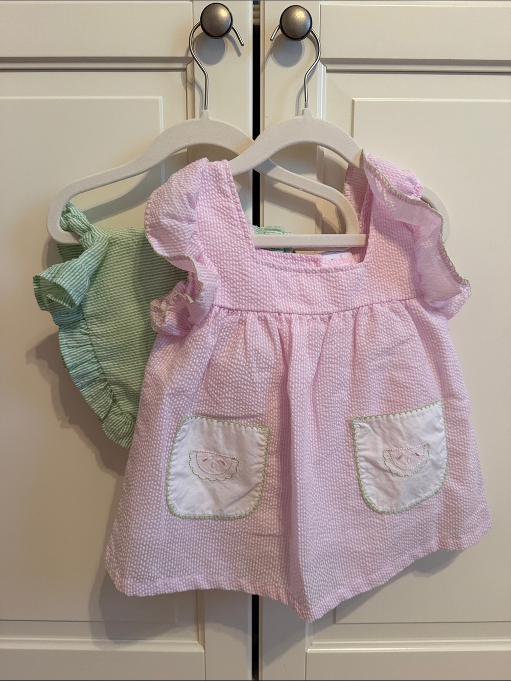 Pink Seersucker Ruffle-Sleeve Top with Pockets - and Green Seersucker Shorts